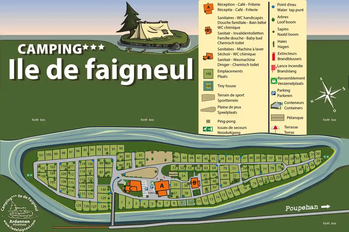 Map of Camping Île de Faigneul: numbered pitches on the island in the Semois