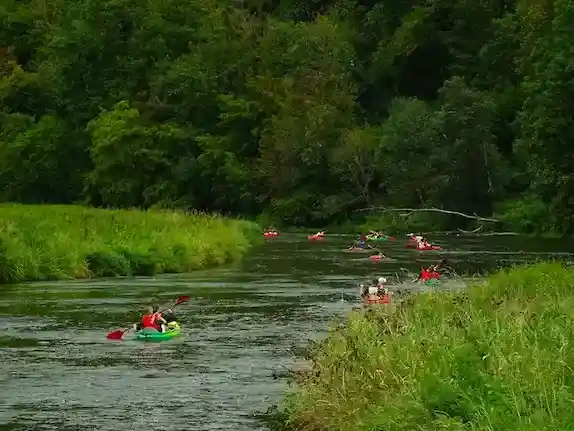 Kayak descent on the Semois below Bouillon castle, Belgian Ardennes